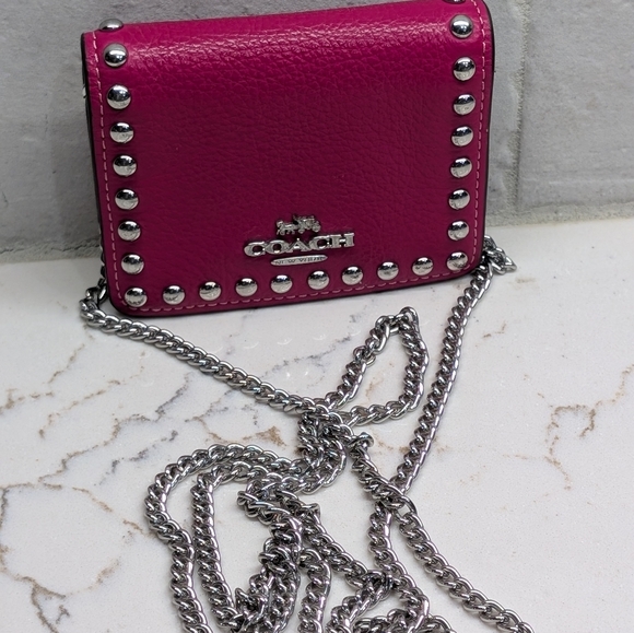 Coach Studded Mini Crossbody Bag w/ Chain. Like New. Fuschia Pink & Silver. - Picture 10 of 16